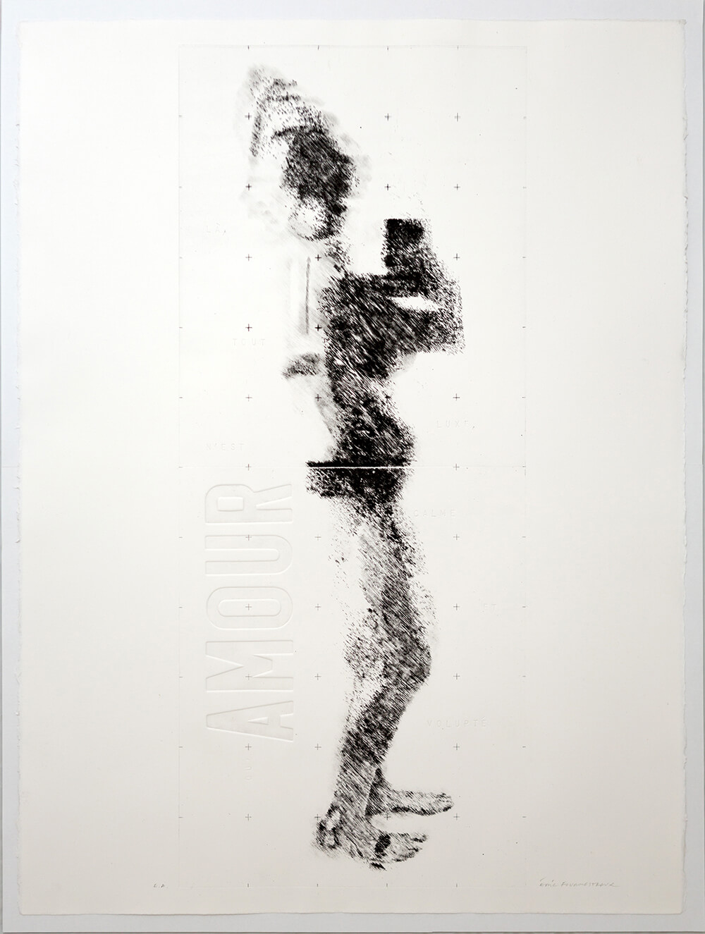 E. Fourmestraux - Là, tout n'est quamour_2021_pointe sèche, embossage et lettres à frapper, en deux matrices distinctes, H. 76 x 58 cm