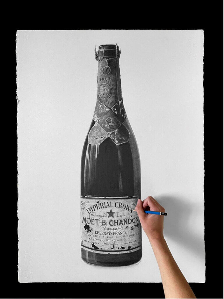Brie Hayden is an American artist known for her hyper-realistic graphite drawings of antique bottles. A self-taught artist, she carefully reproduces the details, light and shadows of each object entirely freehand, turning the process into a meditative practice. Her drawings transform worn labels and imperfect glass into contemporary works of art, revealing the quiet beauty and stories these objects hold. Each bottle is placed against a simple white background that invites viewers to slow down and observe its subtle details. Brie also researches the history of every bottle she depicts.