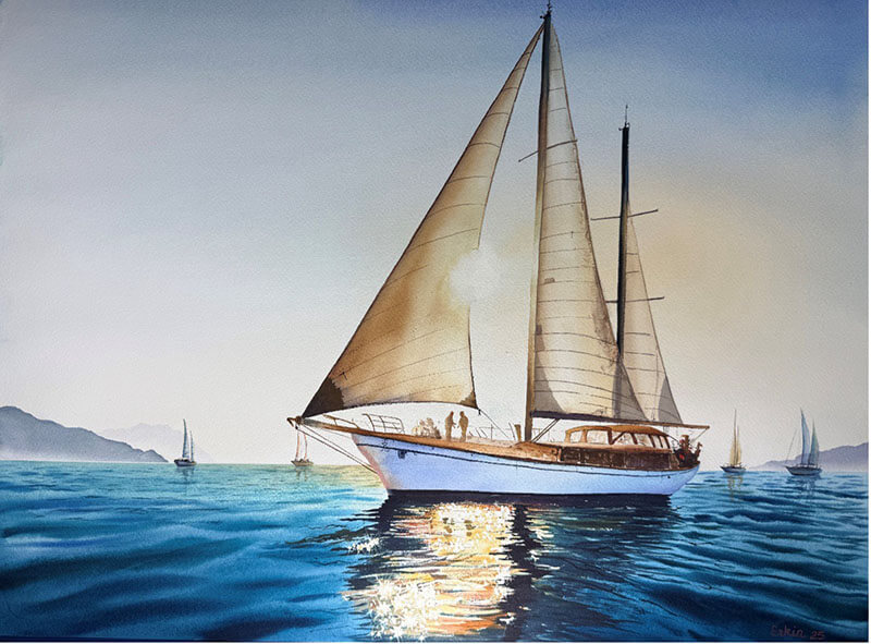 Erkin Yılmaz is a watercolour artist based in Ankara, Turkey. His work is deeply inspired by the western and southern coasts of his country, where the sea, expansive skies, clouds and sailboats form the central visual language of his paintings. Working in a realistic style, Erkin focuses on capturing the clarity, atmosphere and changing light of the natural world while preserving the transparency and luminosity that define watercolour. His compositions reflect careful observation and emphasise balance, structure and refined detail.