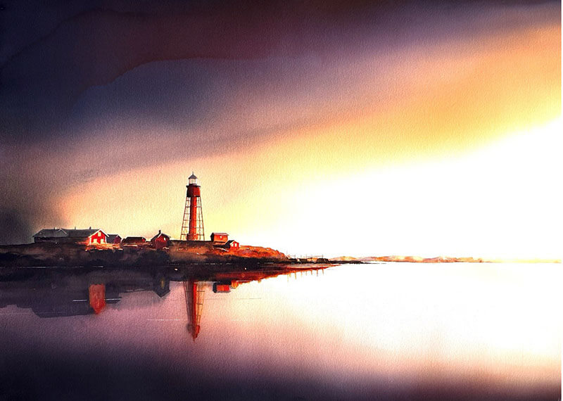 Kalle Nilsson is a self taught watercolour artist who began painting in 2018 and developed his voice during the pandemic years. Inspired by the rugged landscapes of Northern Europe, his work reflects a distinctly Scandinavian aesthetic, often centered on coastal scenes where land, sea, and light interact dramatically.