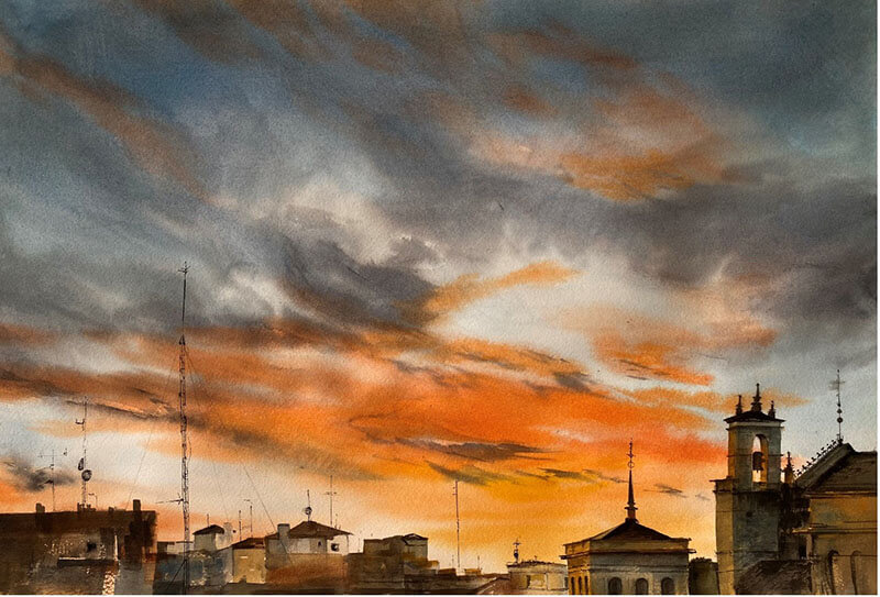 Marta Eguía is a Spanish artist born in Valladolid. Marta began painting with watercolours in 2020 after experimenting with pastels and graphite. She is particularly interested in exploring light and perspective in skies and landscapes.
